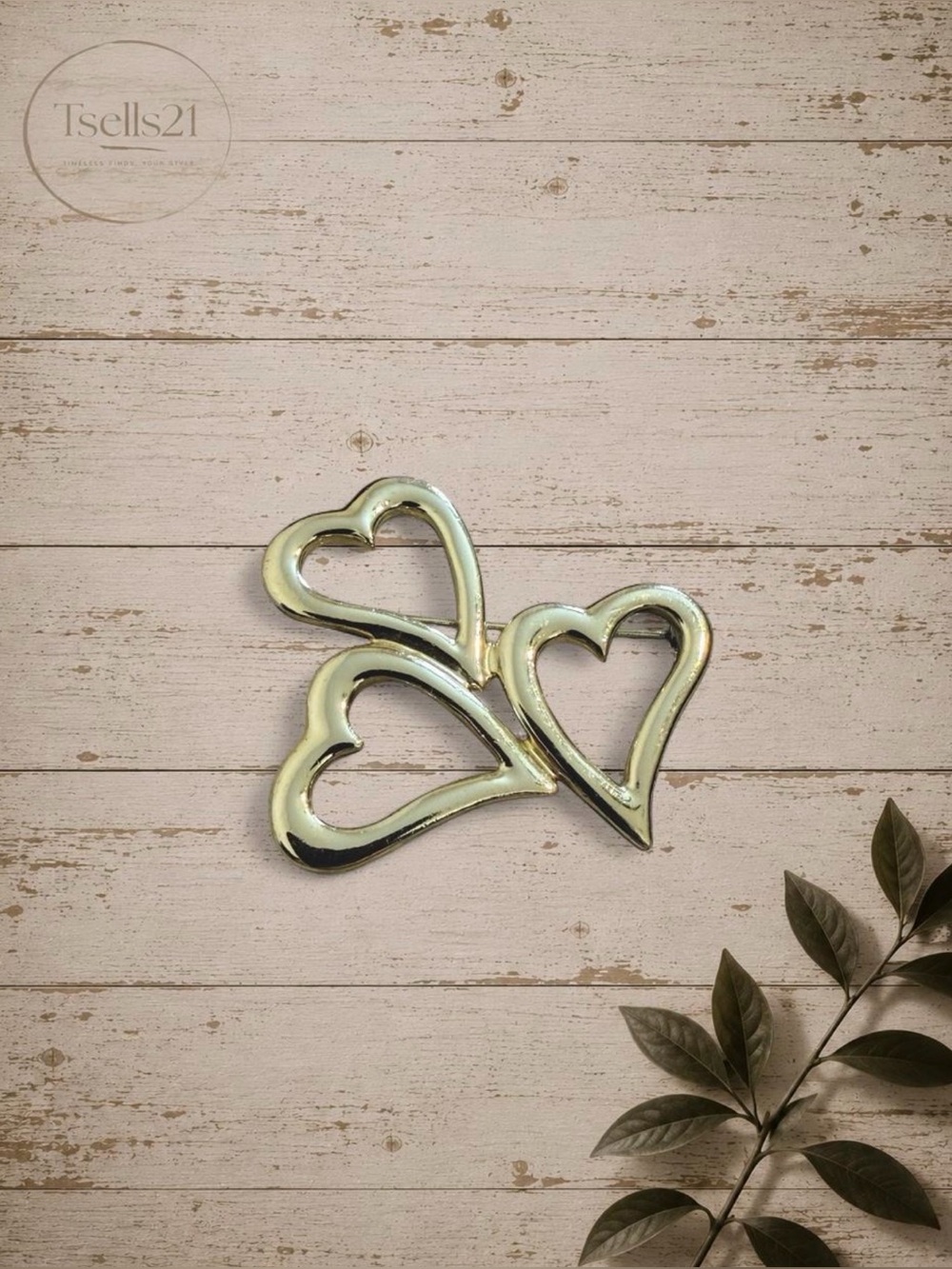 Triple Open Heart Vintage 90s Gold Brooch